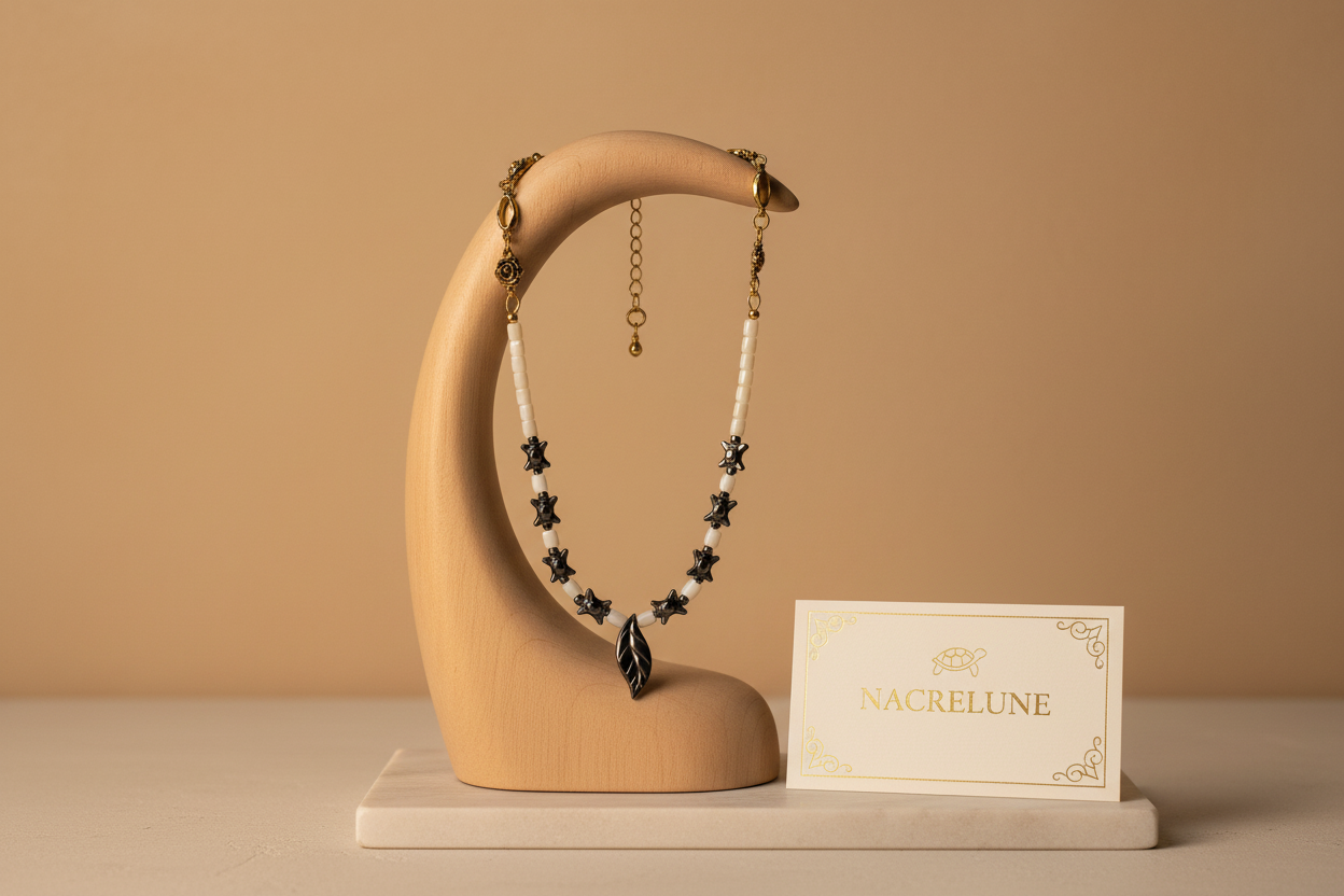 Collier nacre tortues - Support bois