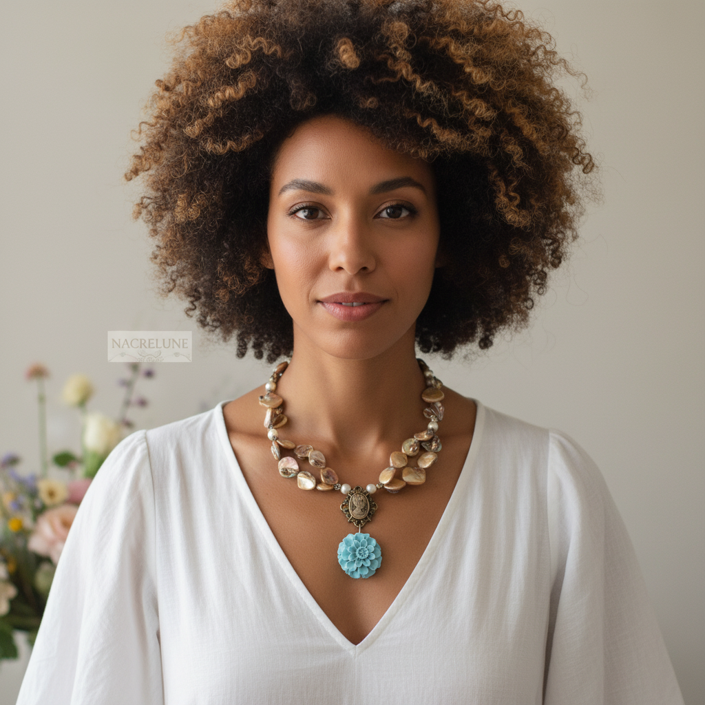 Collier en nacre doré et turquoise en résine nacrelune.com collier