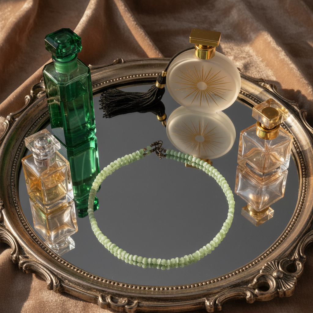 Collier oeil de chat vert flat lay art déco