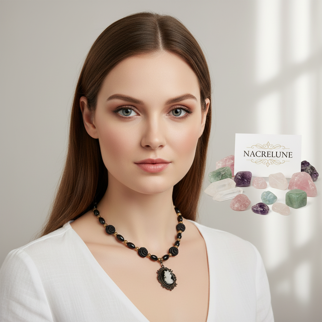 Collier en perles d'onyx avec grand camée en résine nacrelune.com collier