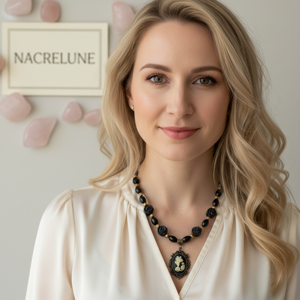 Collier en perles d'onyx avec grand camée en résine nacrelune.com collier