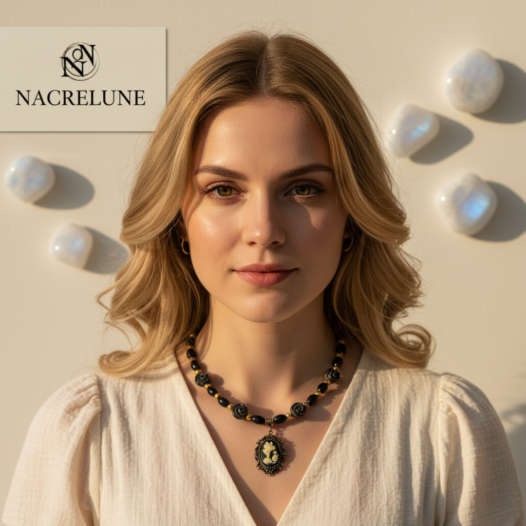 Collier en perles d'onyx avec grand camée en résine nacrelune.com collier