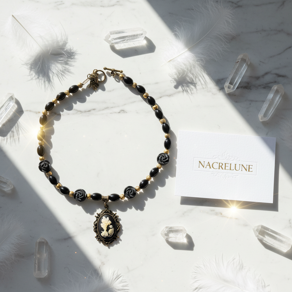 Collier en perles d'onyx avec grand camée en résine nacrelune.com collier