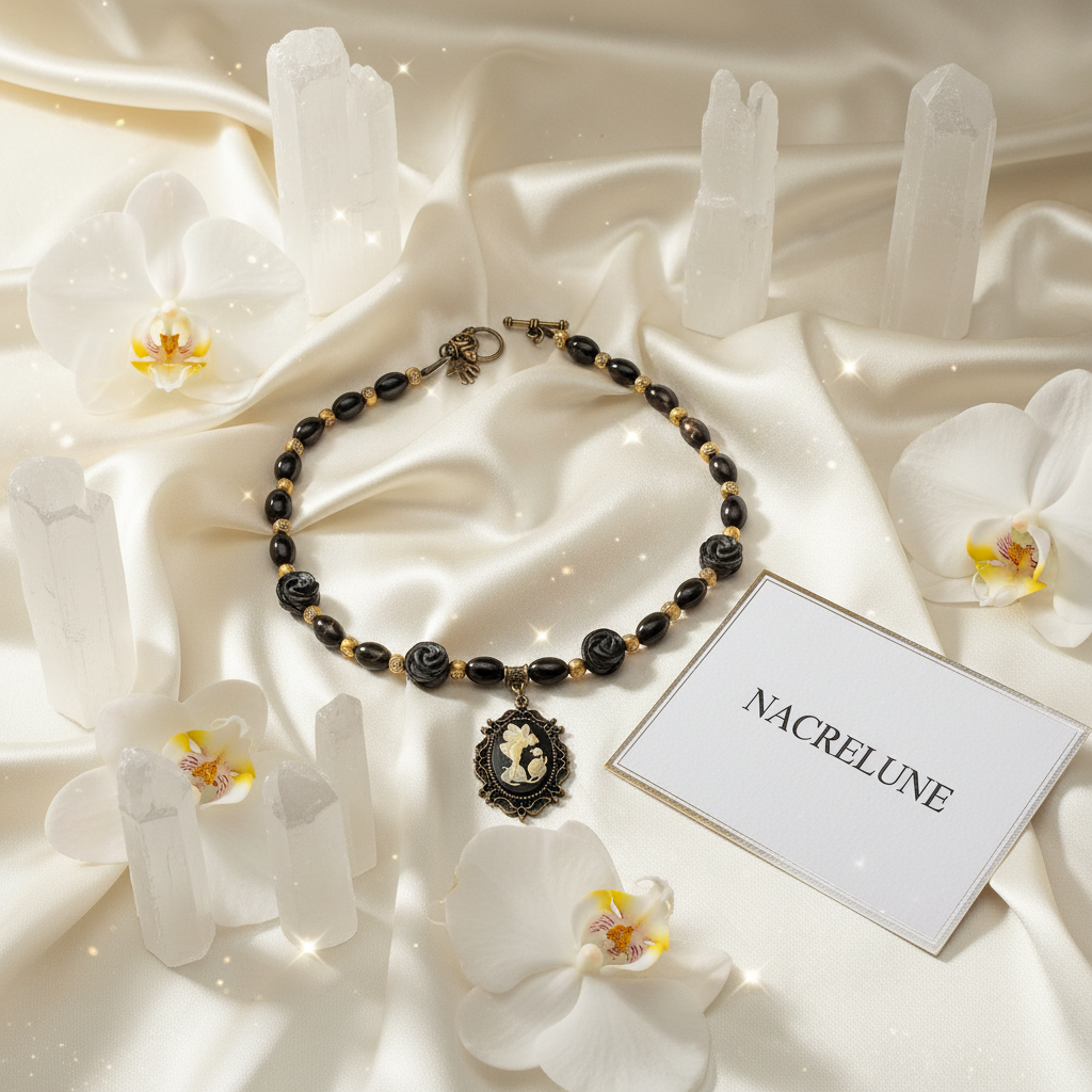 Collier en perles d'onyx avec grand camée en résine nacrelune.com collier