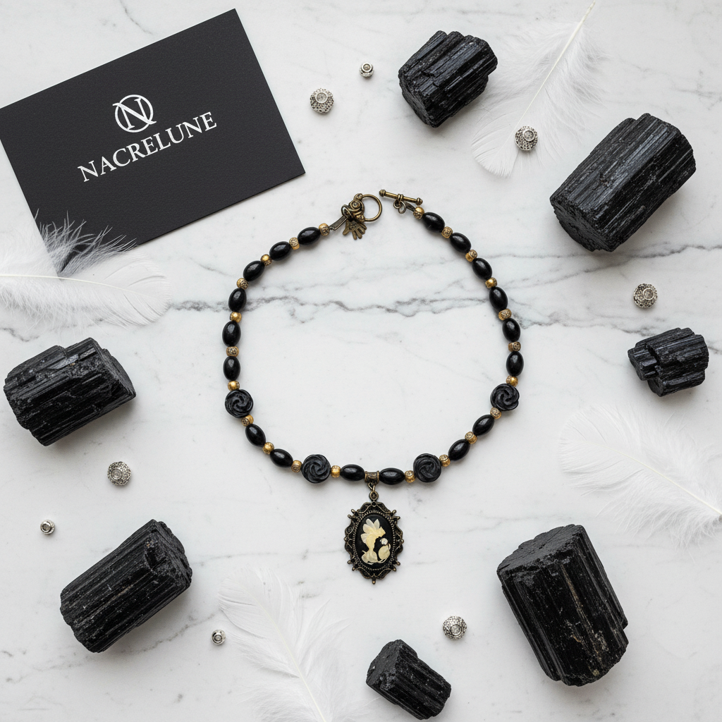 Collier en perles d'onyx avec grand camée en résine nacrelune.com collier