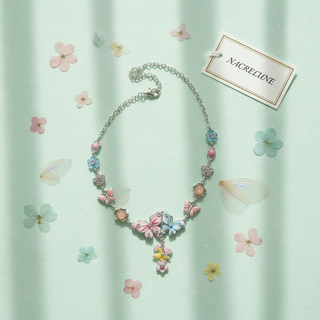 collier en émail rose et bleu avec fleurs et papillons nacrelune.com collier
