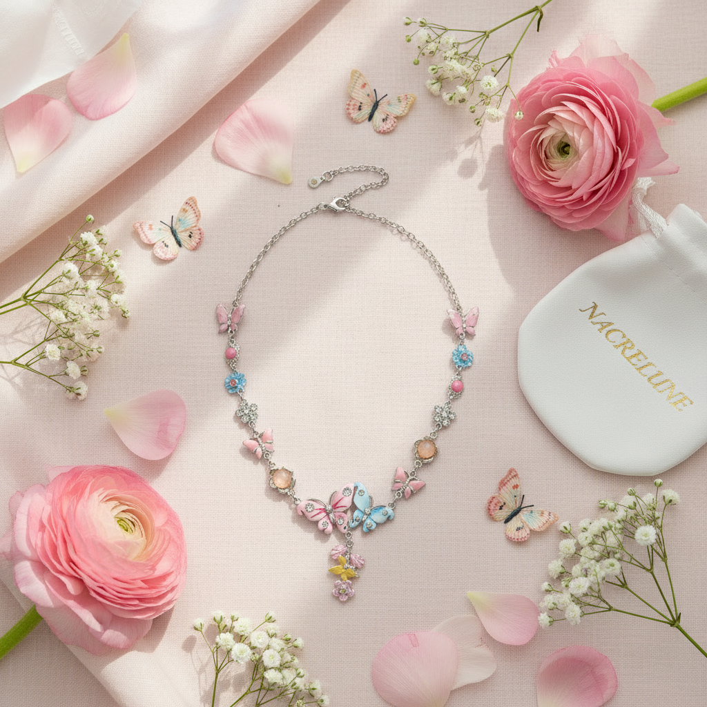 collier en émail rose et bleu avec fleurs et papillons nacrelune.com collier