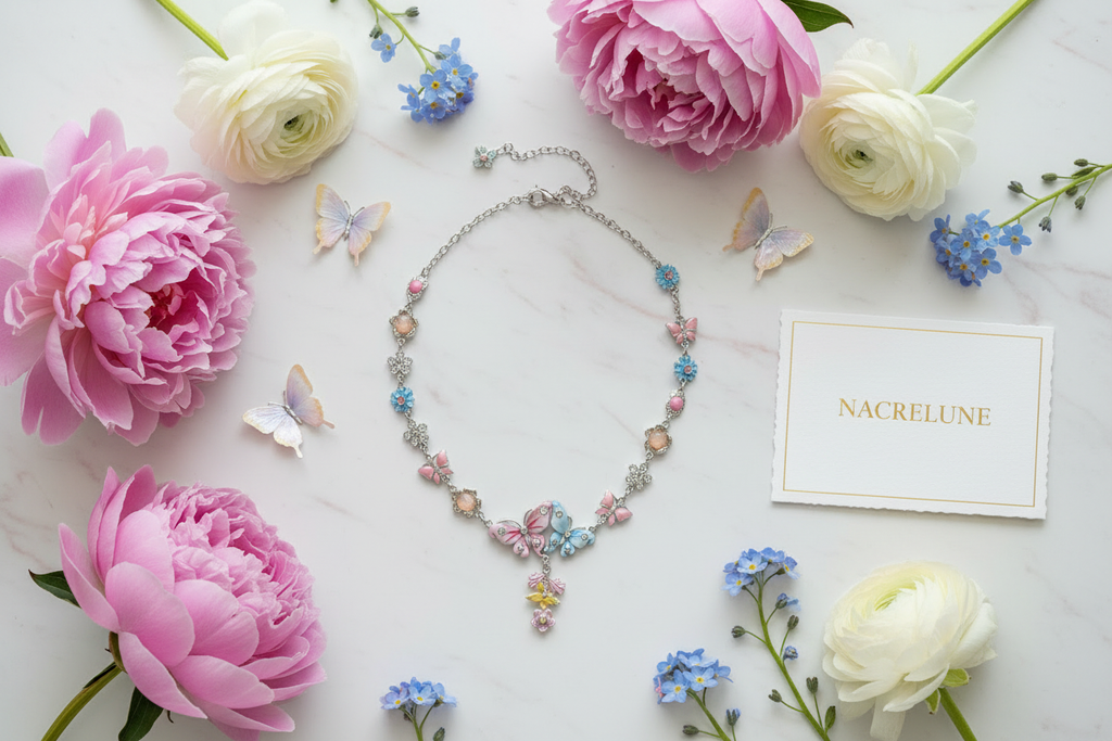 collier en émail rose et bleu avec fleurs et papillons nacrelune.com collier