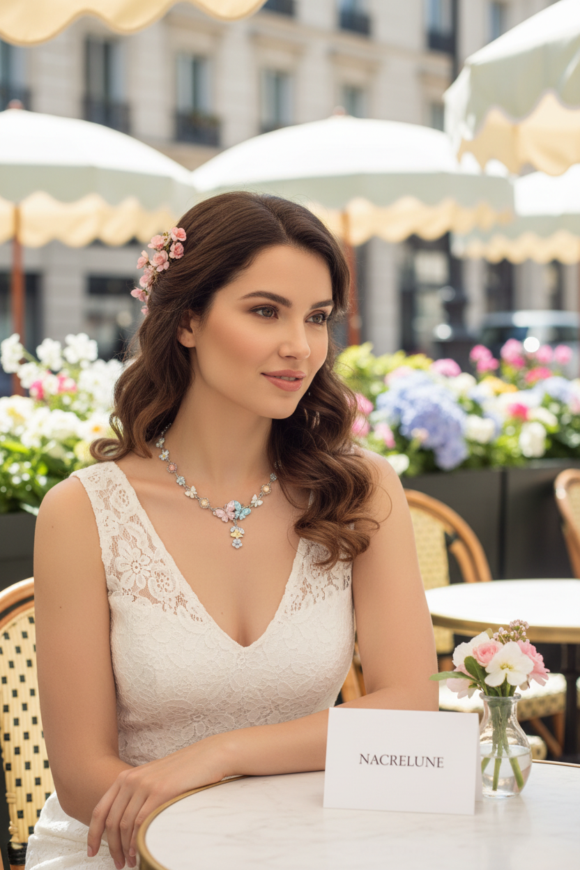 collier en émail rose et bleu avec fleurs et papillons nacrelune.com collier