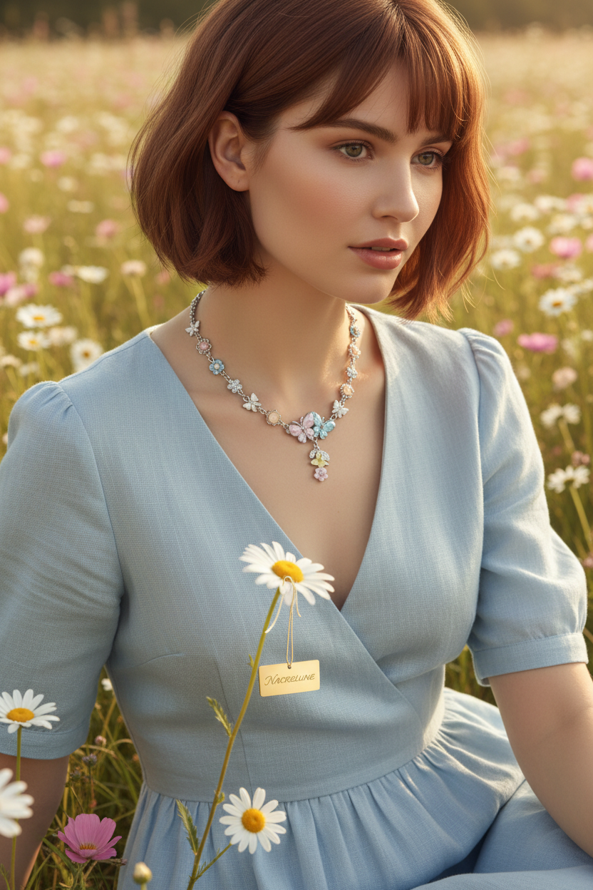 collier en émail rose et bleu avec fleurs et papillons nacrelune.com collier