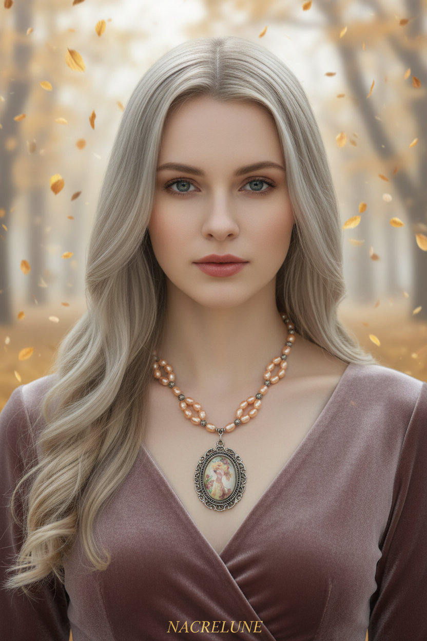 Collier en perles de culture oranges avec camée victorien nacrelune.com collier
