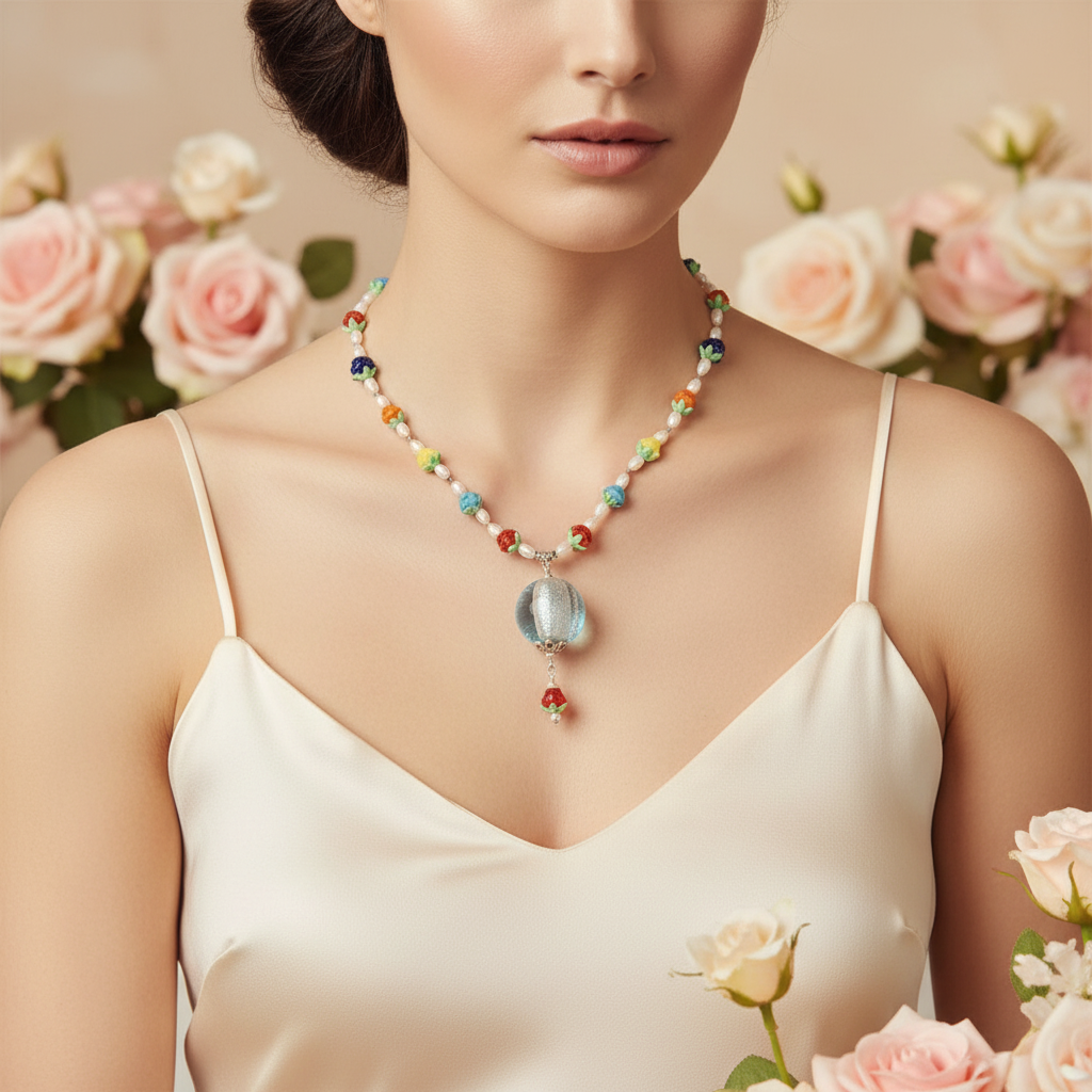 Collier fleuri en perles de verre nacrelune.com collier