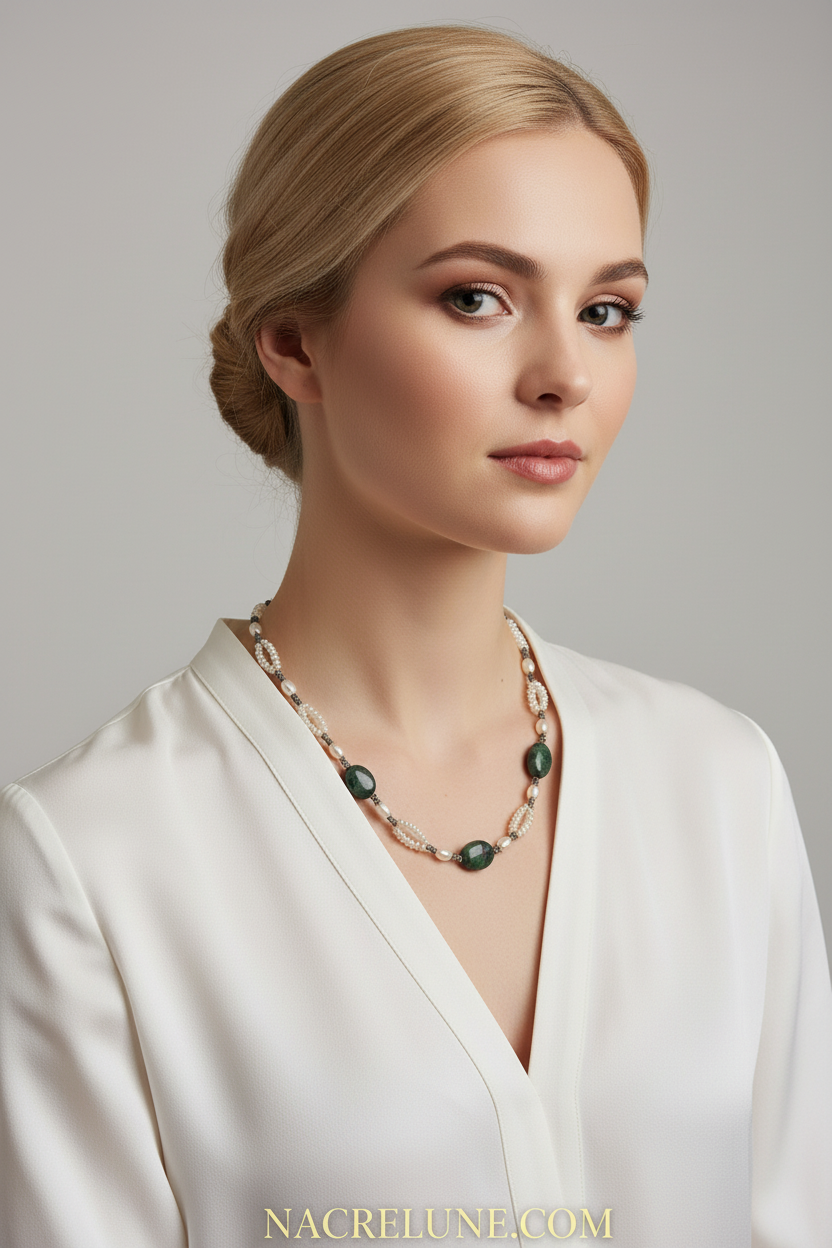 Collier en perles de culture et rubis zoïsites polis nacrelune.com collier