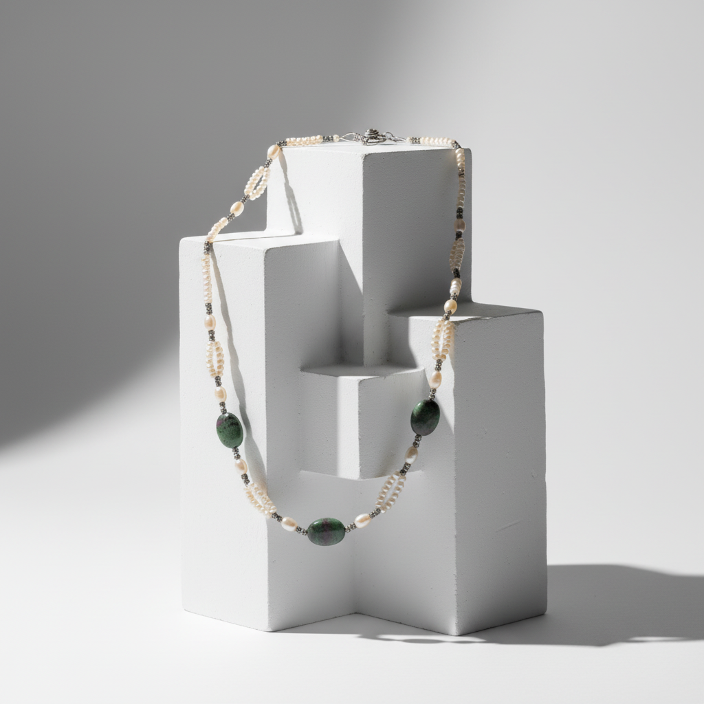 Collier en perles de culture et rubis zoïsites polis nacrelune.com collier