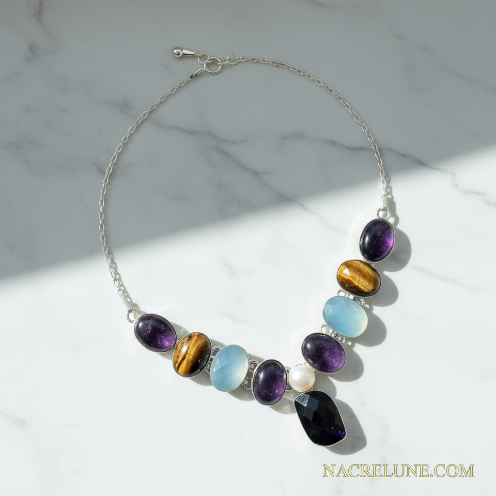 Collier en argent et pierres fines avec améthystes nacrelune.com collier