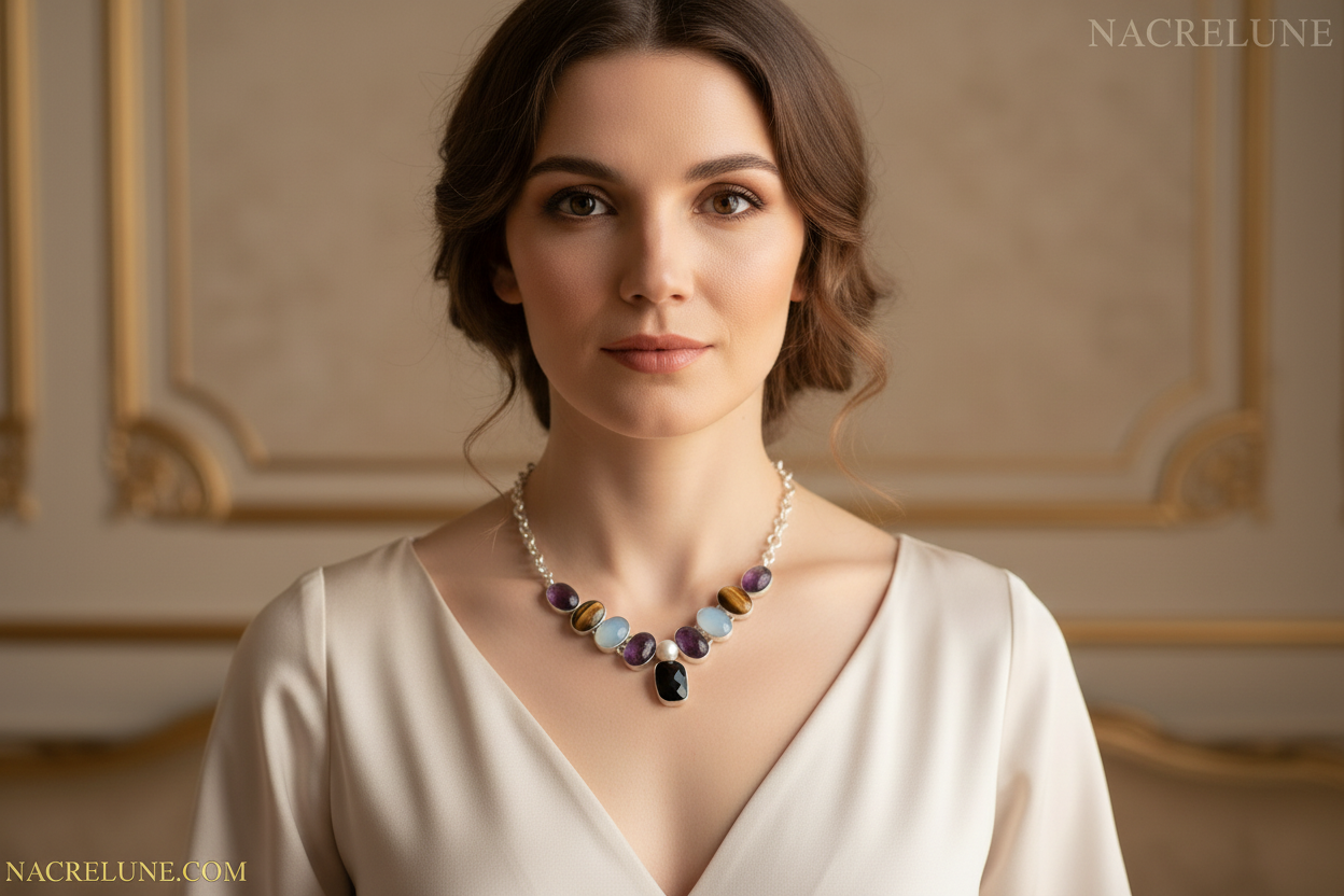 Collier en argent 925 et pierres fines avec opalites nacrelune.com collier