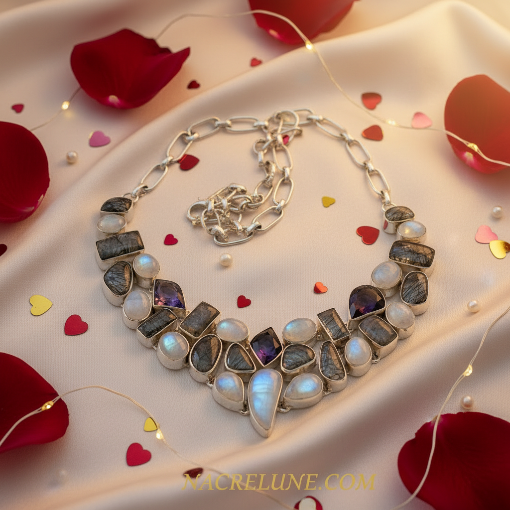Collier en argent 925 avec pierres de lune, quartz rutiles et améthystes nacrelune.com collier