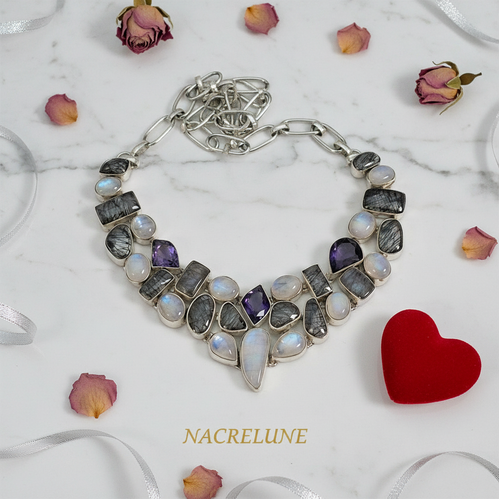 Collier en argent 925 avec pierres de lune, quartz rutiles et améthystes nacrelune.com collier