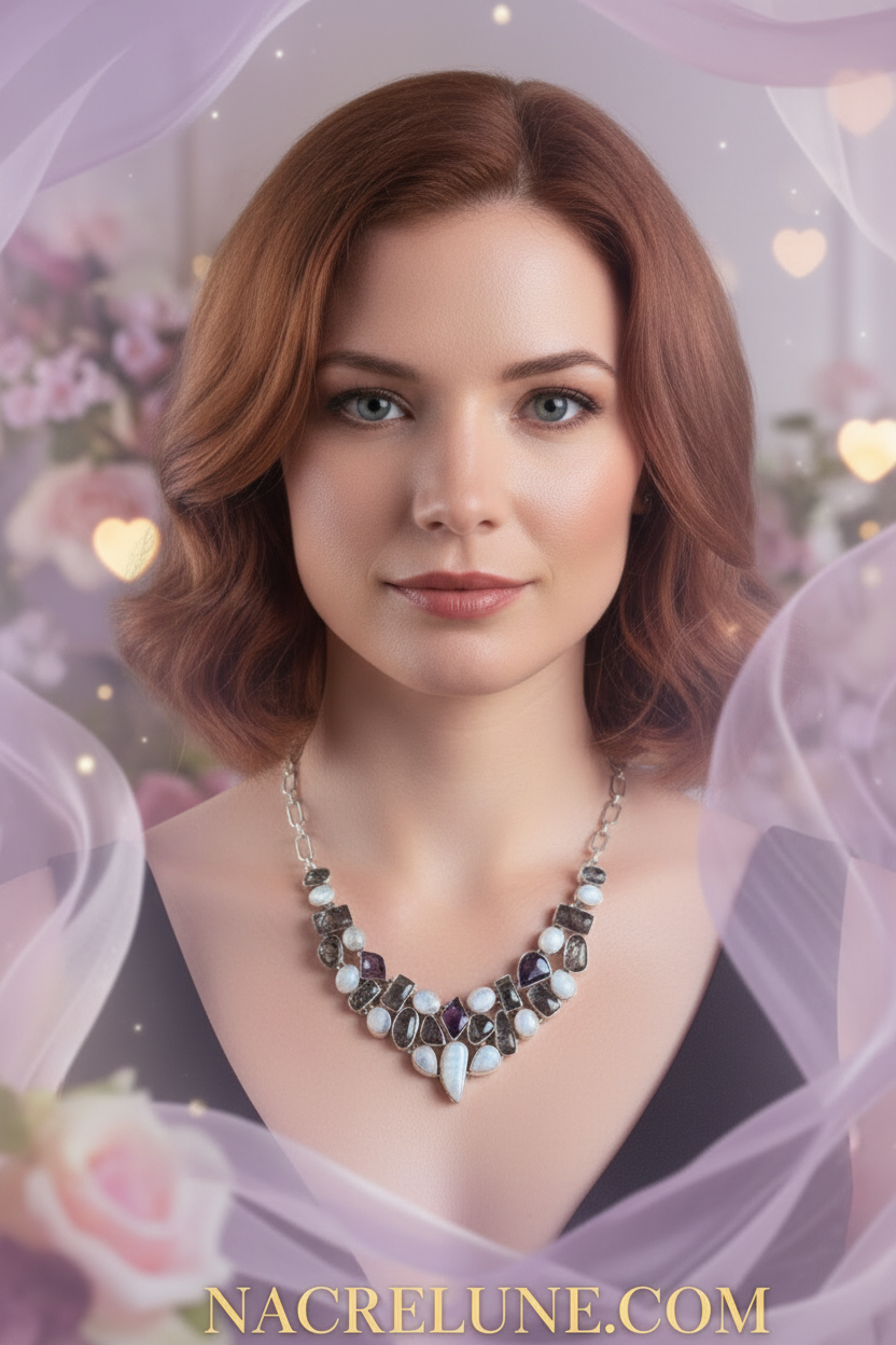 Collier en argent 925 avec pierres de lune, quartz rutiles et améthystes nacrelune.com collier