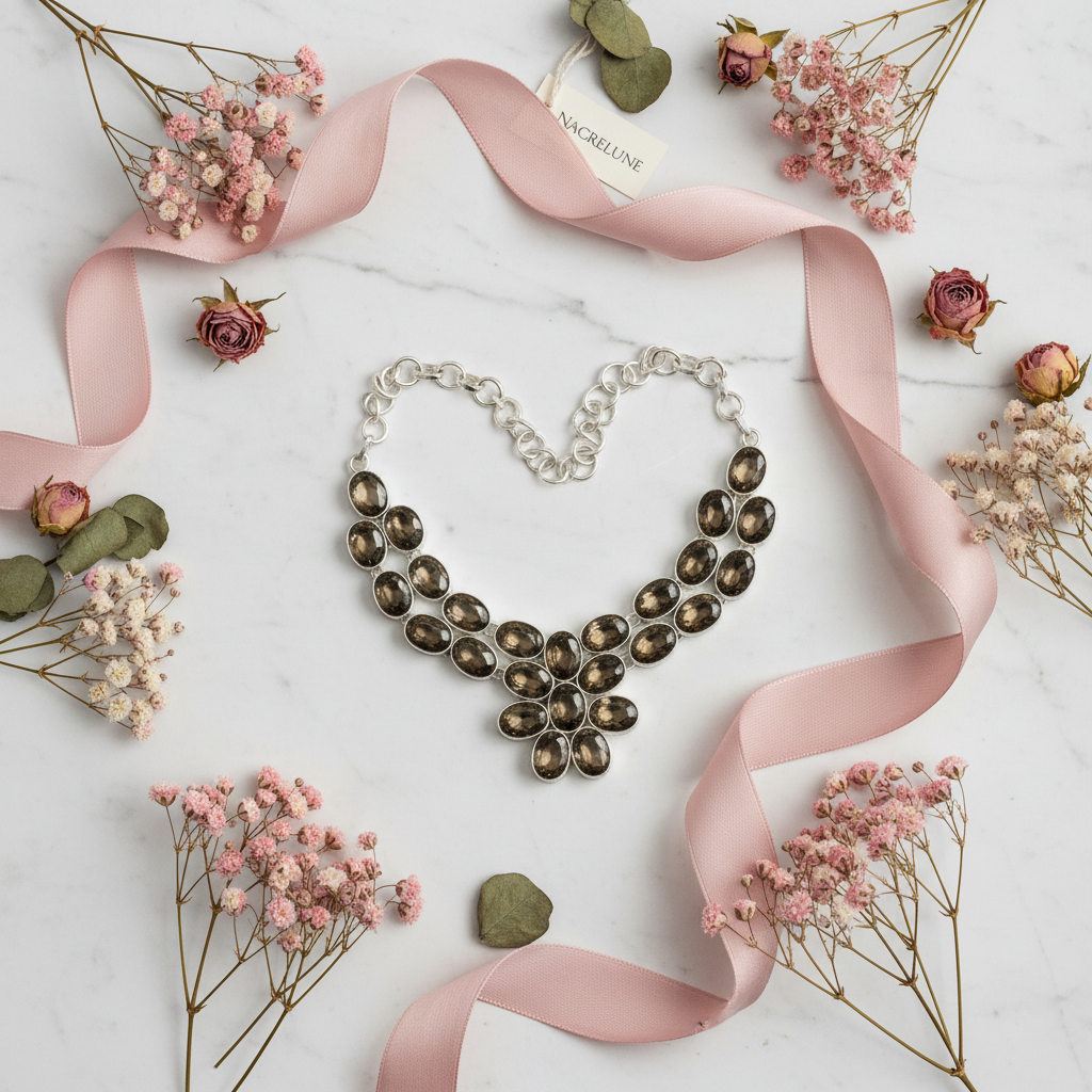 Collier en argent 925 et quartz fumés taillés nacrelune.com collier