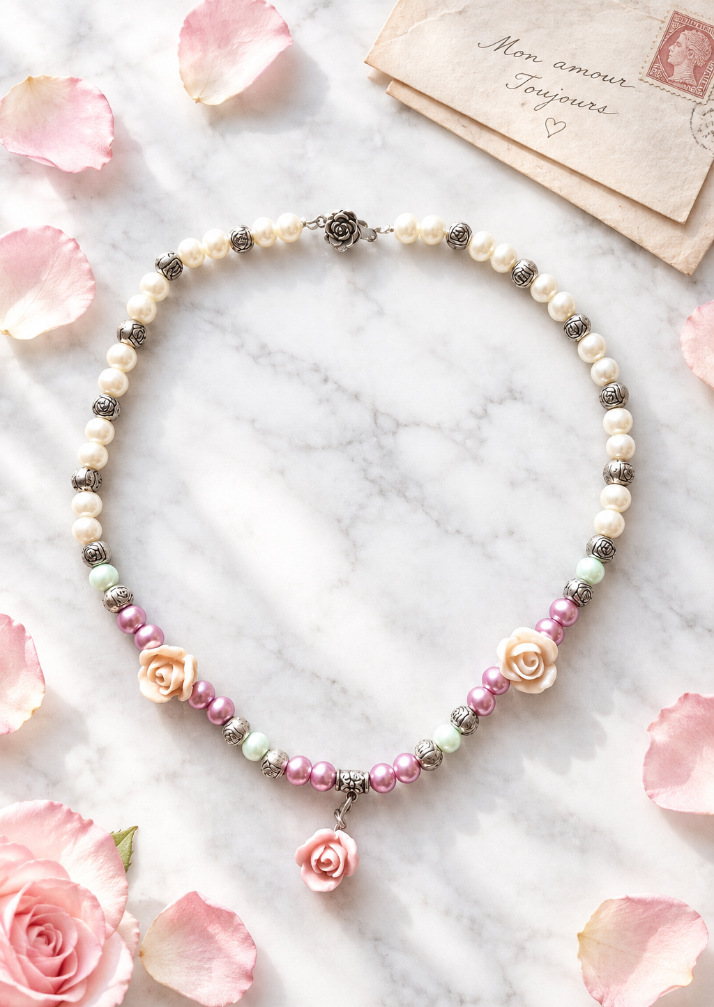 Collier à plat sur marbre blanc avec pétales de rose