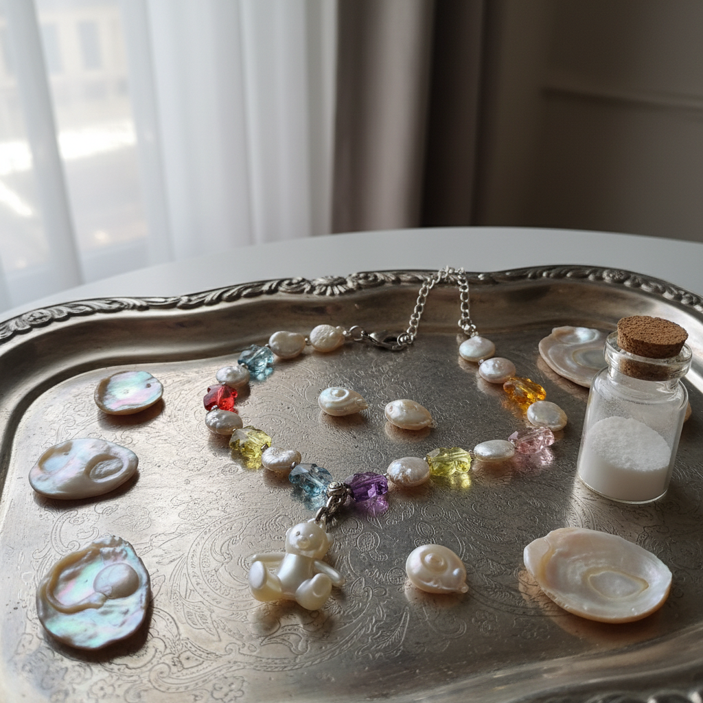 Collier Perles de Nacre Véritable et Strass avec Pendentif Ourson nacrelune.com collier