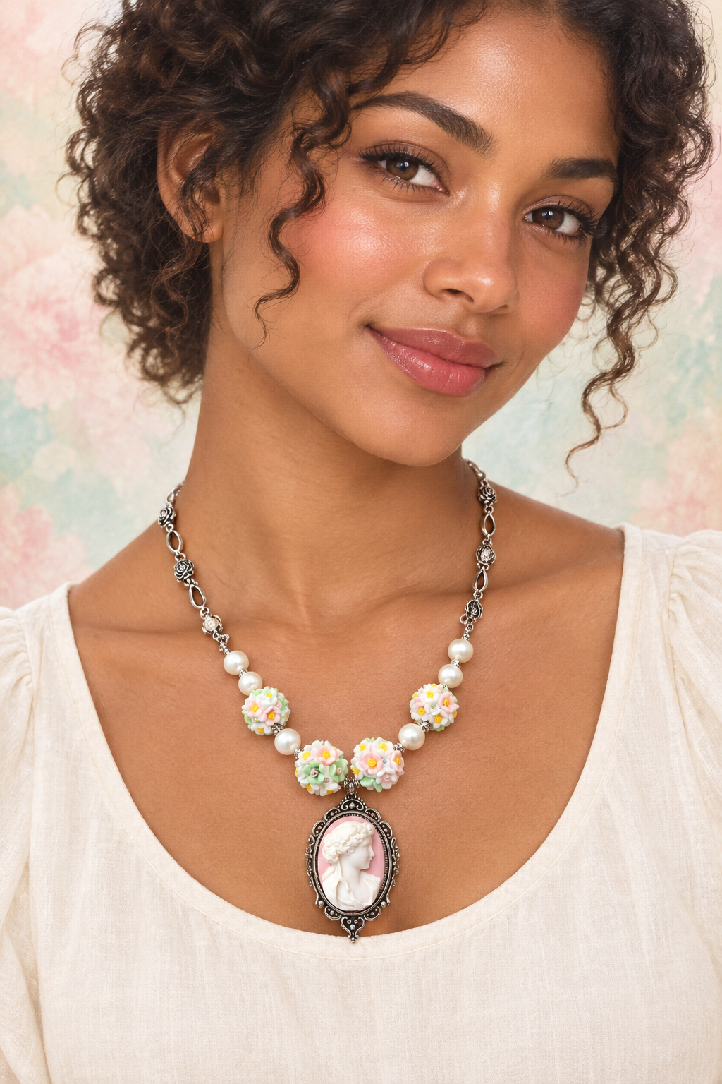 Collier porté, blouse crème, aquarelle rose et menthe