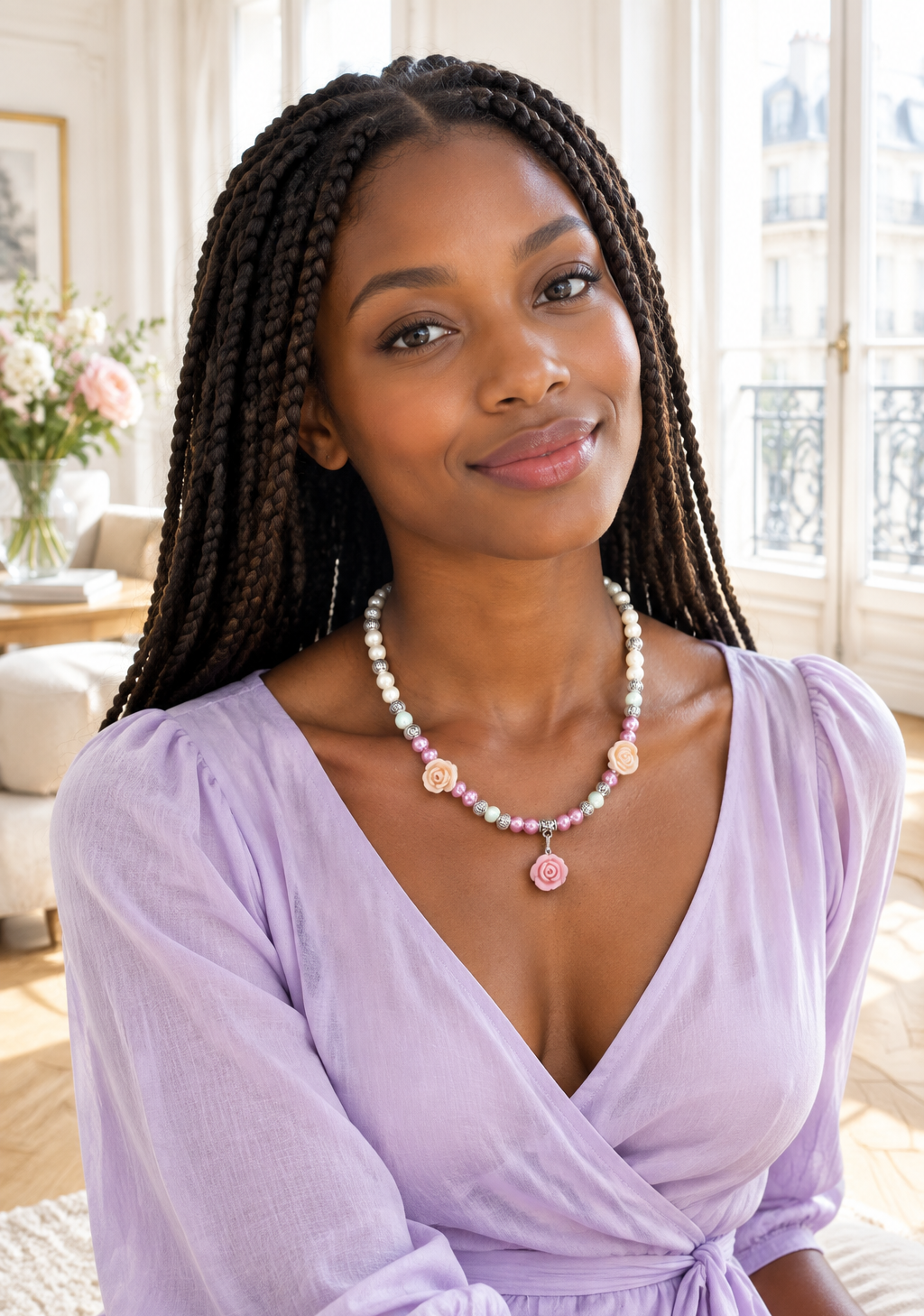 Collier porté dans un appartement parisien lumineux
