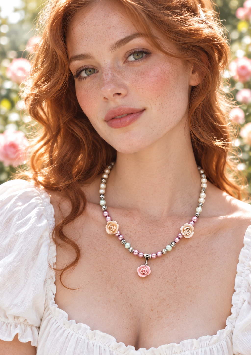 Collier porté dans une roseraie