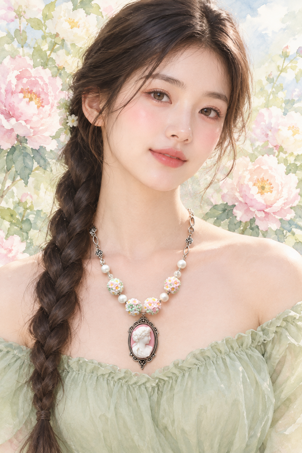 Collier porté, jardin de pivoines à l'aquarelle