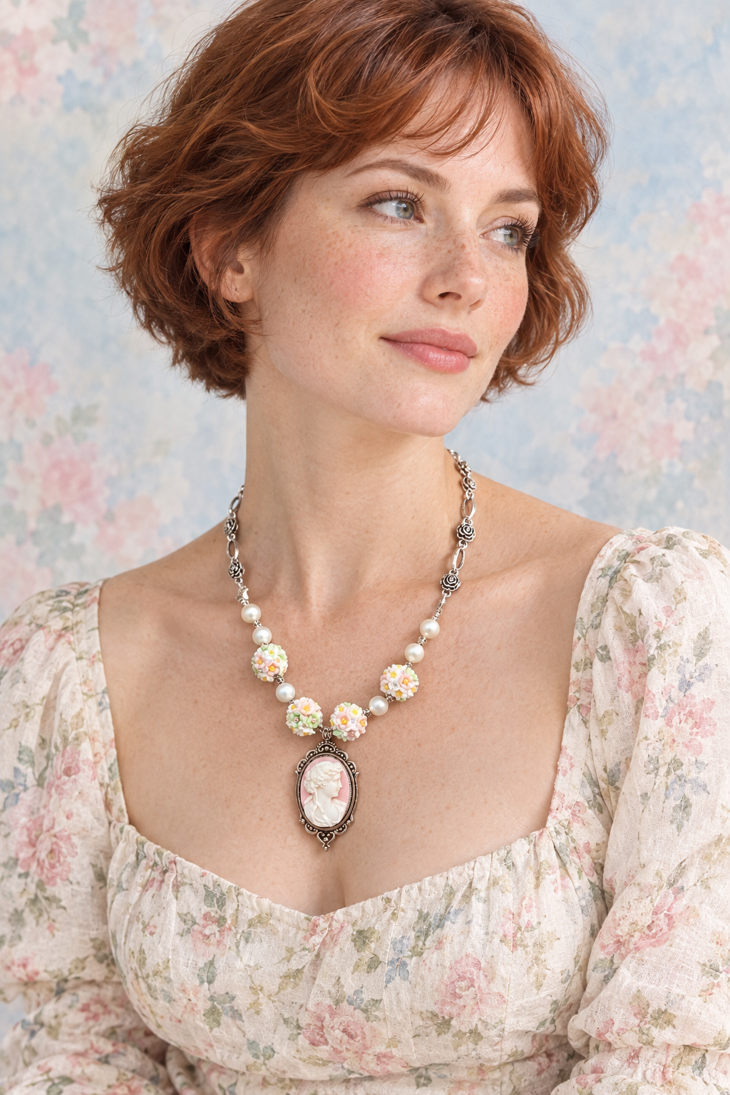 Collier porté, robe fleurie, aquarelle bleu et rose