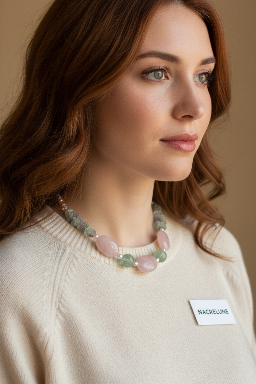 Collier Quartz Rose Fluorine Pierres Naturelles nacrelune.com collier