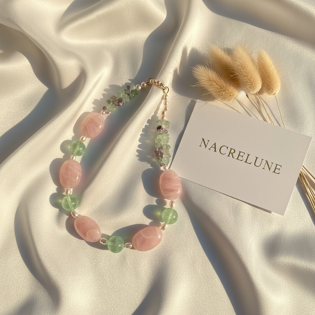 Collier Quartz Rose Fluorine Pierres Naturelles nacrelune.com collier