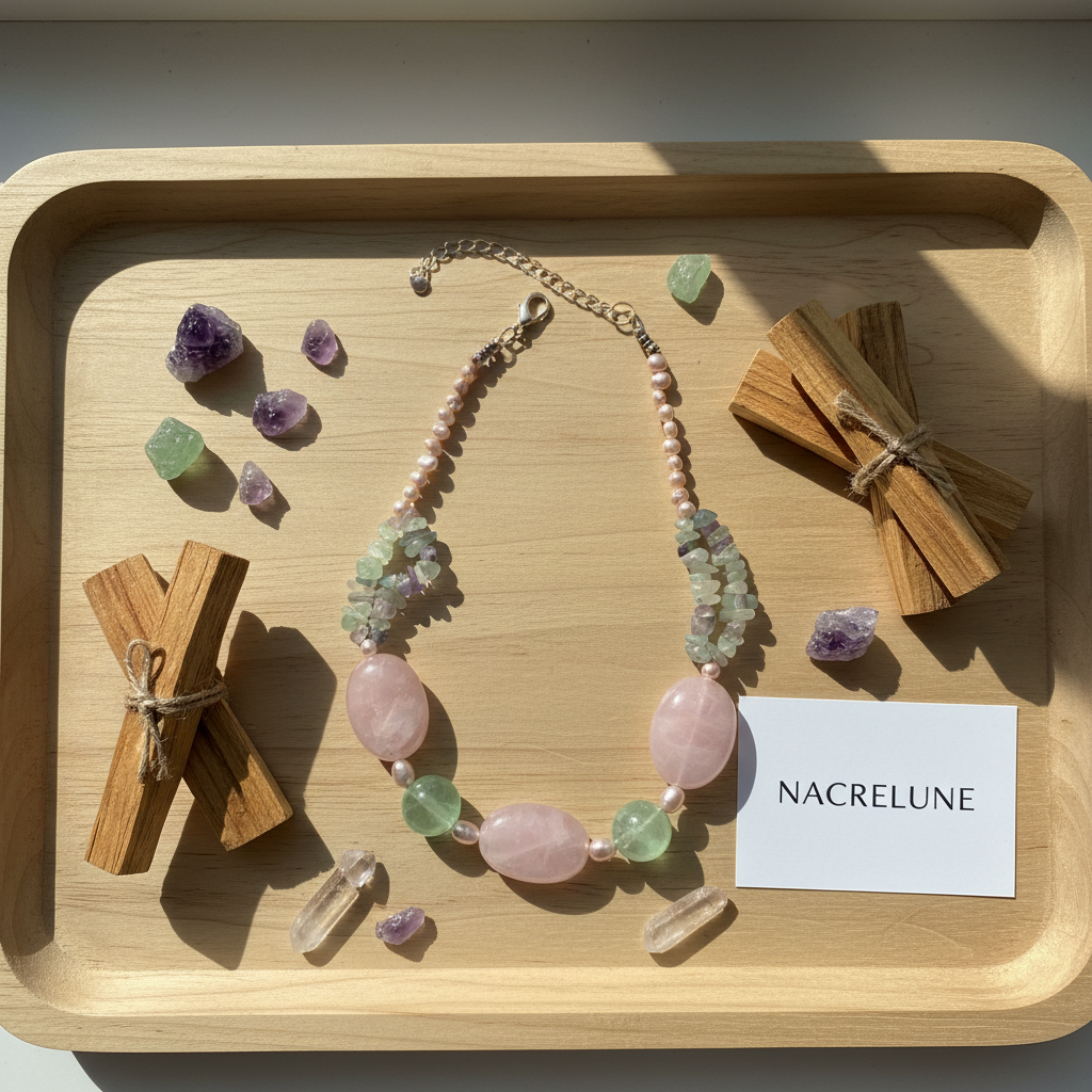 Collier Quartz Rose Fluorine Pierres Naturelles nacrelune.com collier