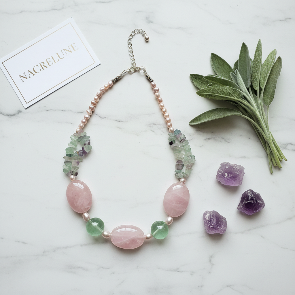 Collier Quartz Rose Fluorine Pierres Naturelles nacrelune.com collier