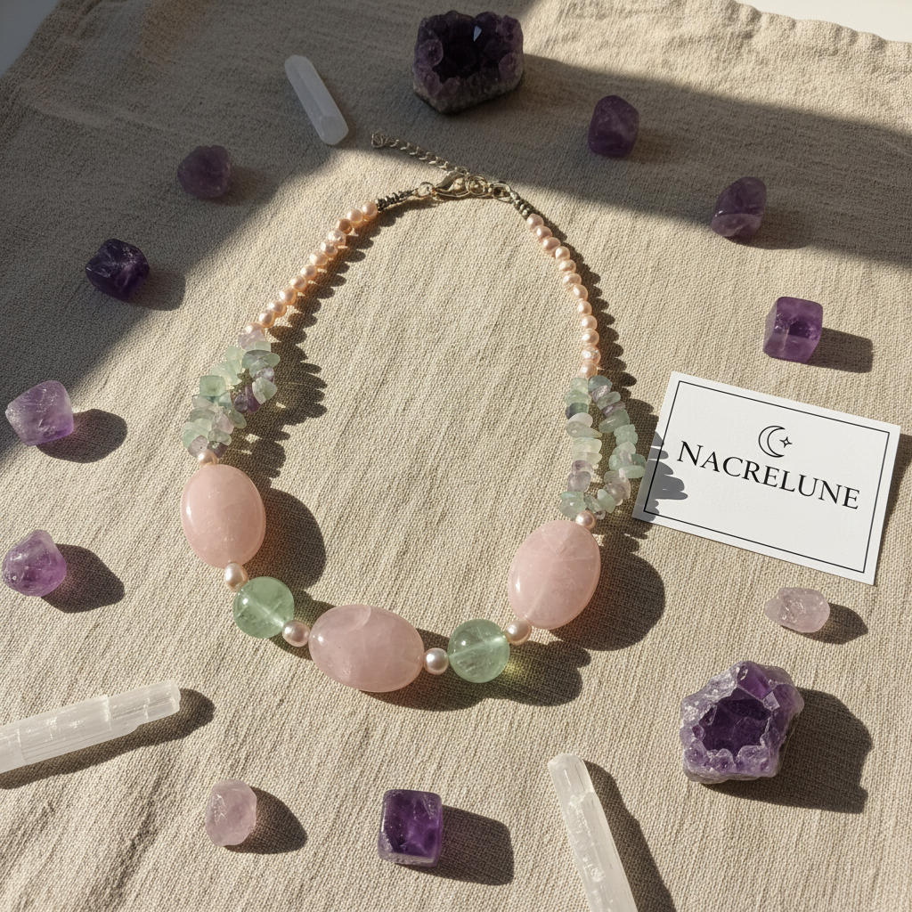 Collier Quartz Rose Fluorine Pierres Naturelles nacrelune.com collier