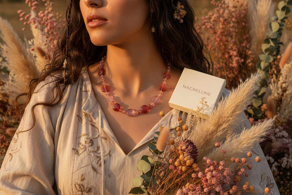Collier artisanal en perles de quartz rouge nacrelune.com collier