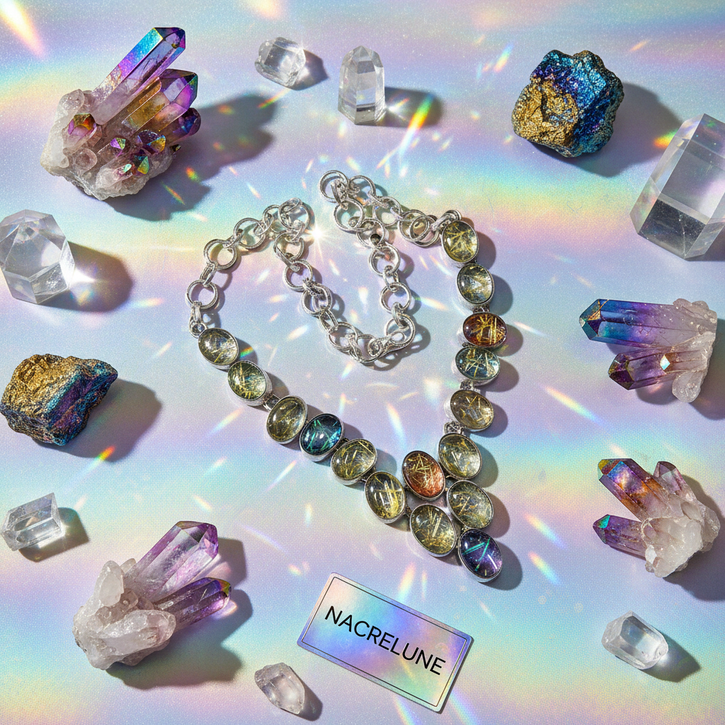Collier en argent 925 et quartz rutiles scintillants multicolores nacrelune.com collier
