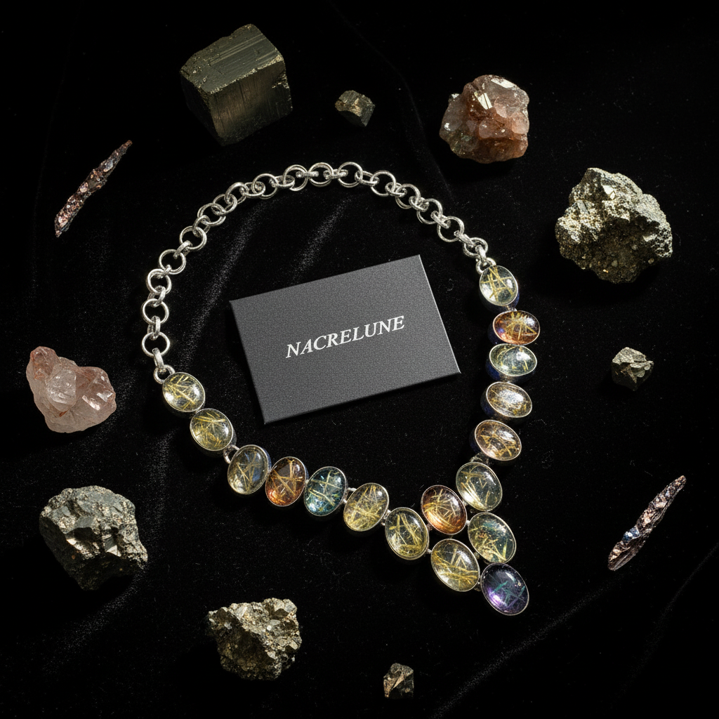 Collier en argent 925 et quartz rutiles scintillants multicolores nacrelune.com collier