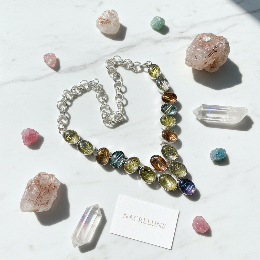 Collier en argent 925 et quartz rutiles scintillants multicolores nacrelune.com collier