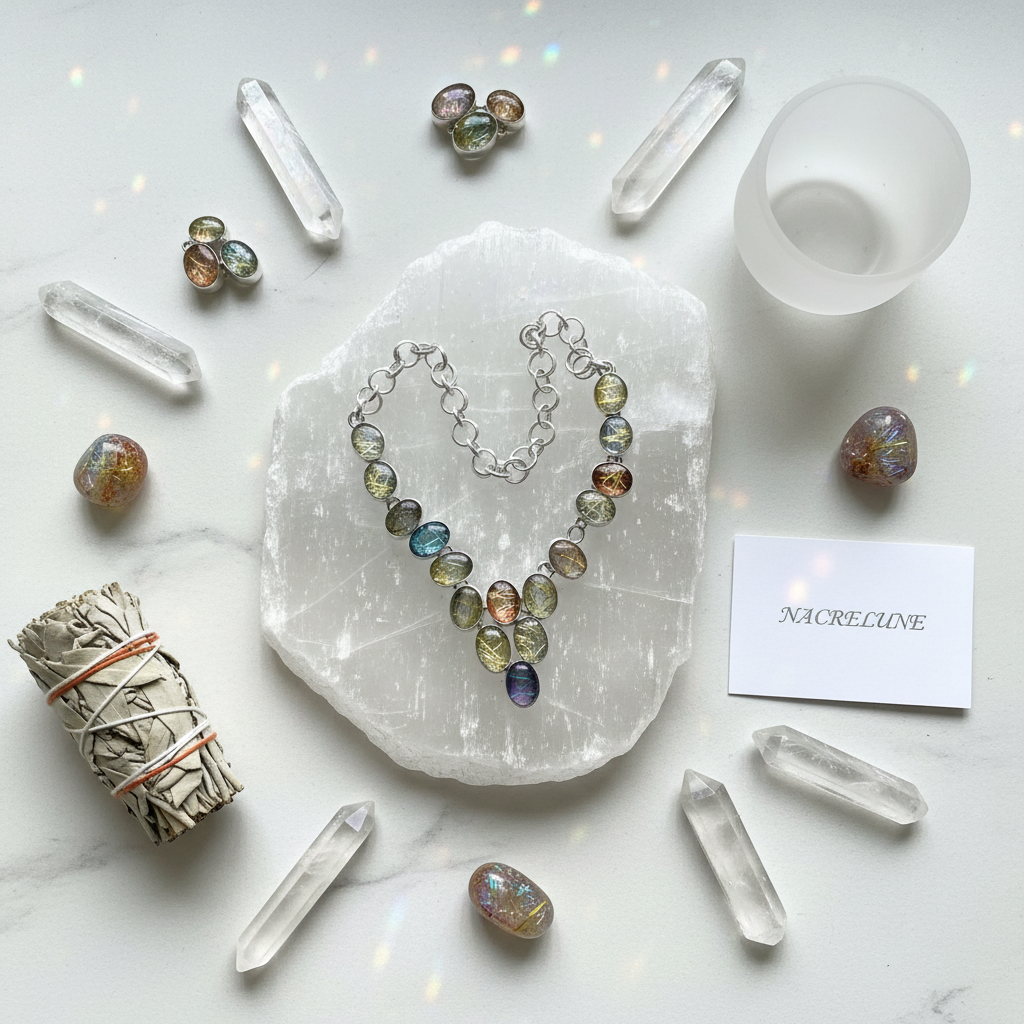 Collier en argent 925 et quartz rutiles scintillants multicolores nacrelune.com collier
