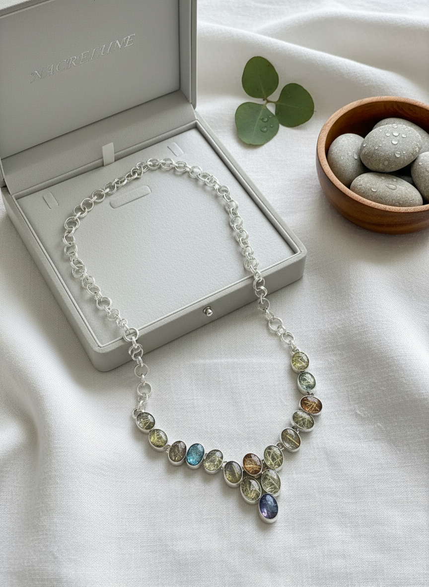Collier en argent 925 et quartz rutiles scintillants multicolores nacrelune.com collier