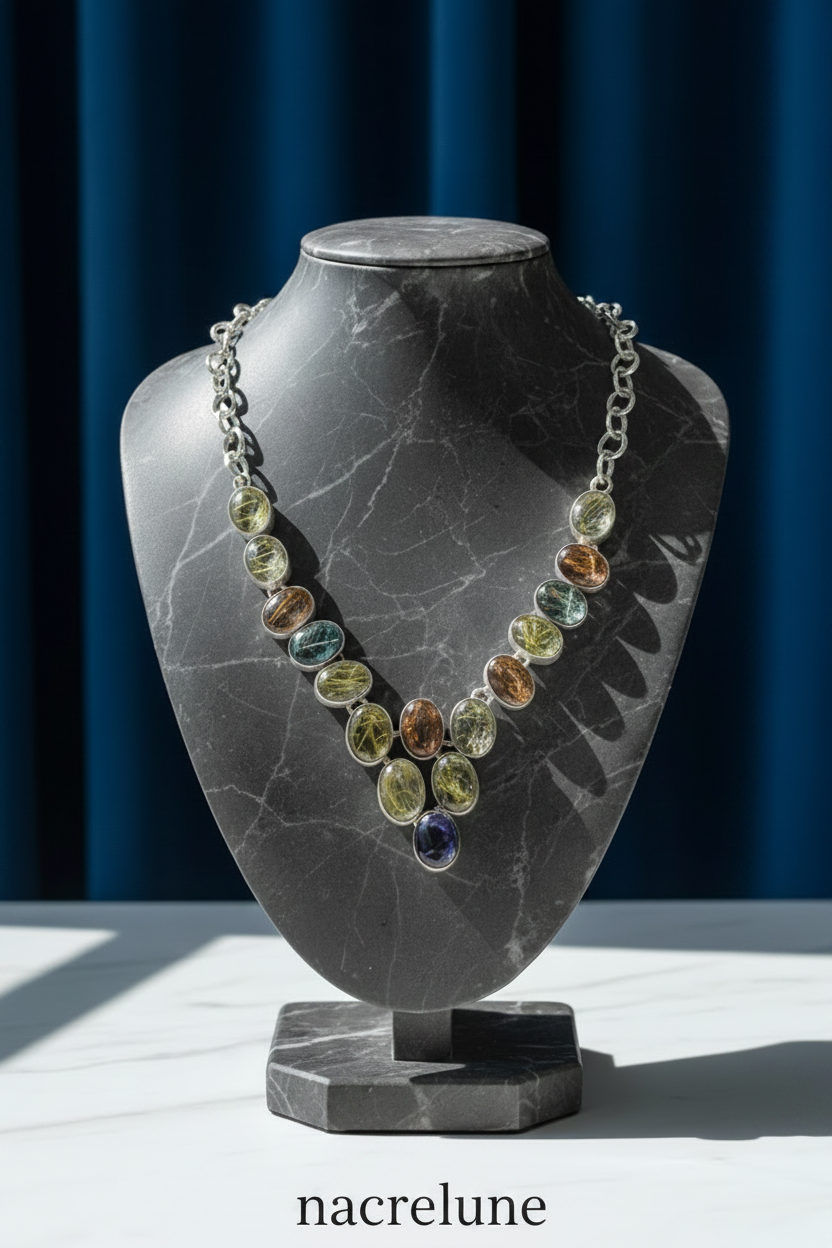 Collier en argent 925 et quartz rutiles scintillants multicolores