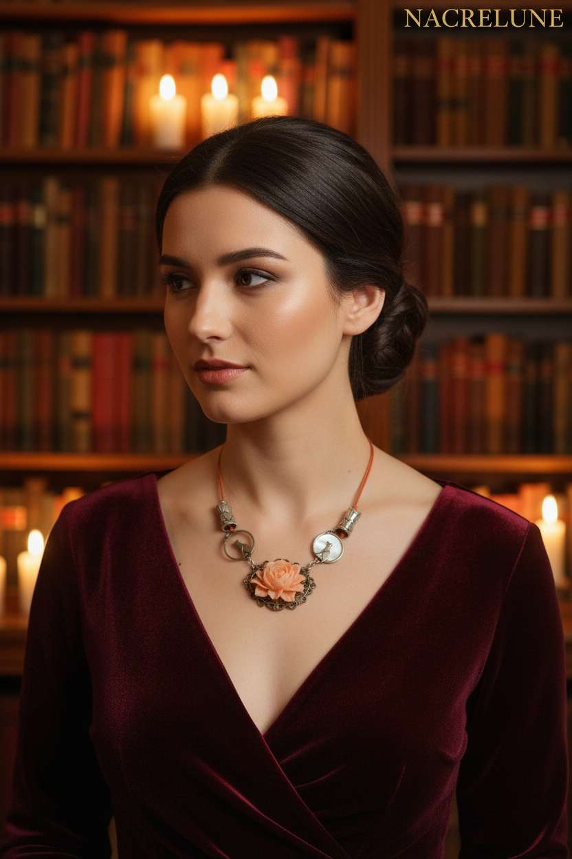 collier avec chats et grande rose imitation corail nacrelune.com collier