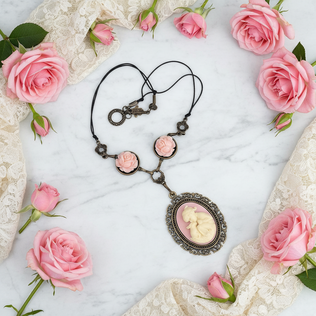 Collier avec roses et camée en résine : choisissez votre couleur nacrelune.com collier