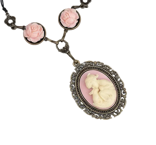 Collier avec roses et camée en résine : choisissez votre couleur Rose saumon nacrelune.com collier