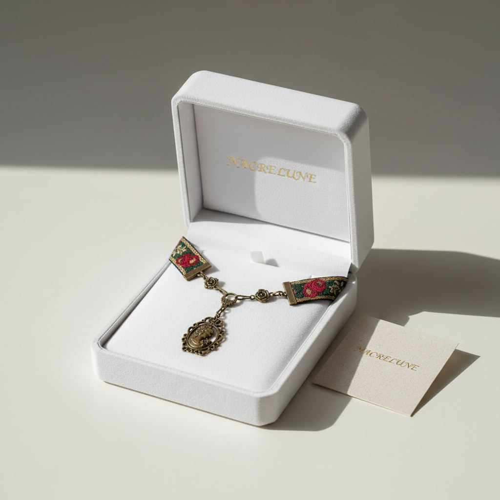 collier avec ruban brocard et camée métallique nacrelune.com collier