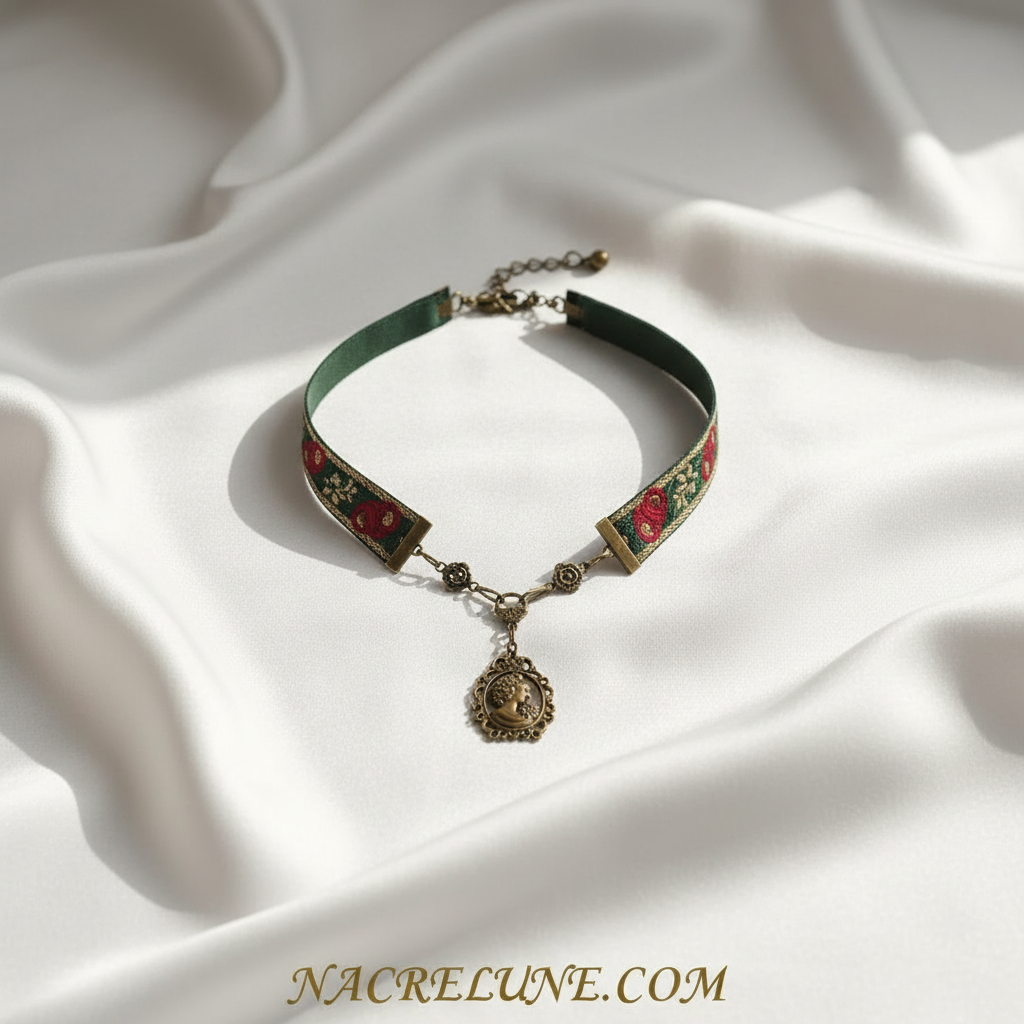 collier avec ruban brocard et camée métallique Rouge nacrelune.com collier