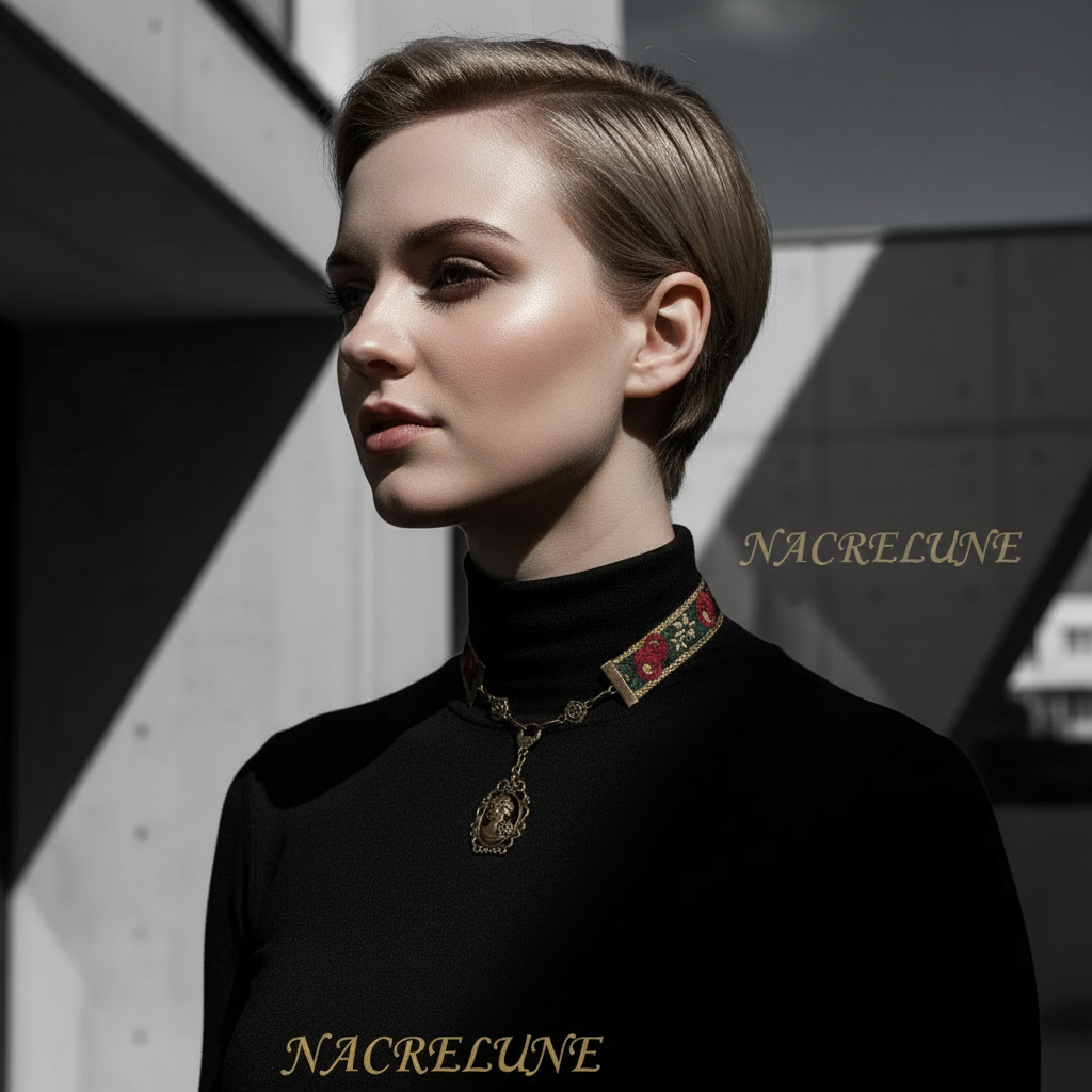 collier avec ruban brocard et camée métallique nacrelune.com collier