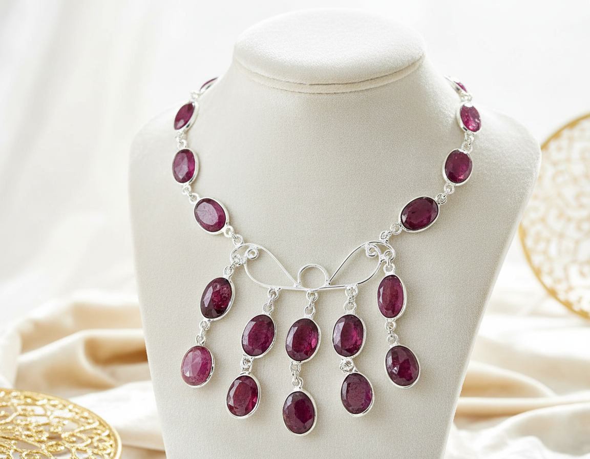 Collier argent 925 avec rubis véritables facettés NACRELUNE collier